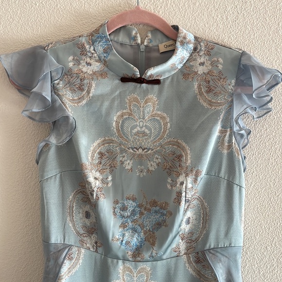 Women’s satin blue and brown dress - Picture 3 of 11